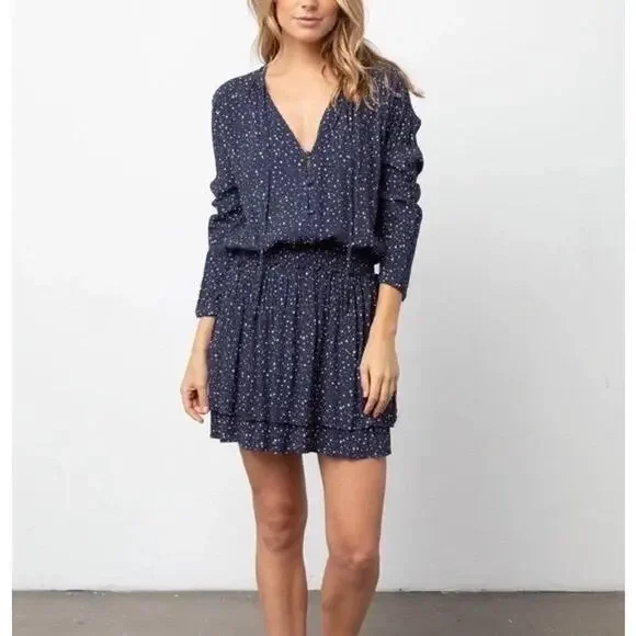 Rails Jasmine Star Print Mini Dress Navy Nova Size Medium Smocked Long Sleeve - Picture 2 of 12